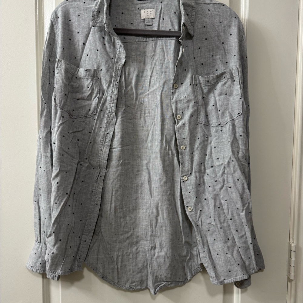 Gray Button-Up Shirt with Black Stars